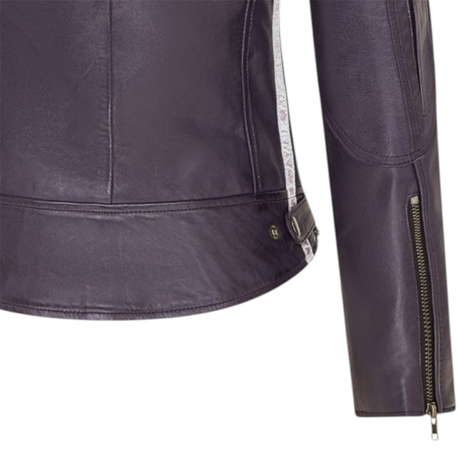 Womens Biker Racing Badges Purple Leather Jacket-Eastleigh