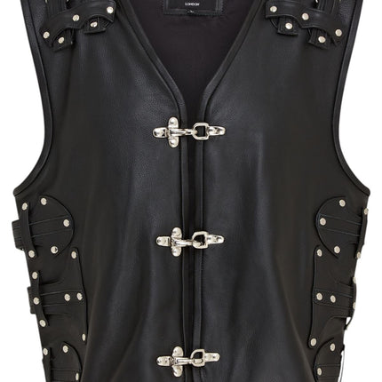 Men’s Black Biker Leather Waistcoat Metal Buckles Vest - Coolgardie