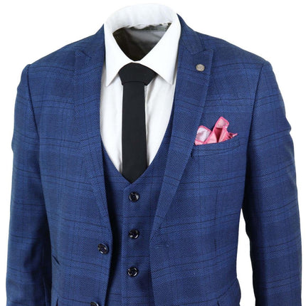 Mens 3 Piece Blue Birdseye Check Classic Suit