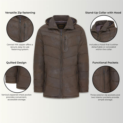 Men's Brown Leather Quilted Jacket Hooded Puffer Winter Coat - Olyic