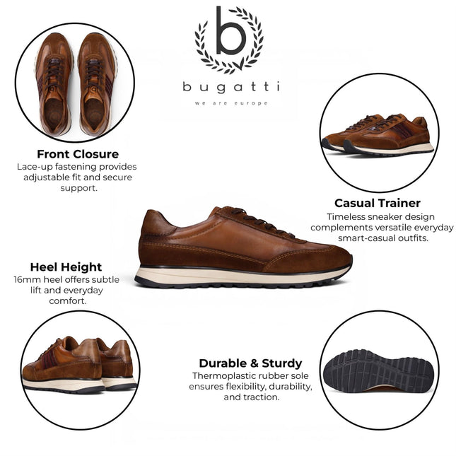 Bugatti Men's Tan Brown Leather Lace-Up Trainer Sneaker Shoes - Timon