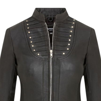 Womens Goth Black Leather Victorian Studded Flare Coat- Ribet