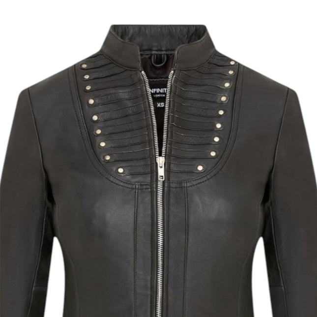 Womens Goth Black Leather Victorian Studded Flare Coat- Ribet