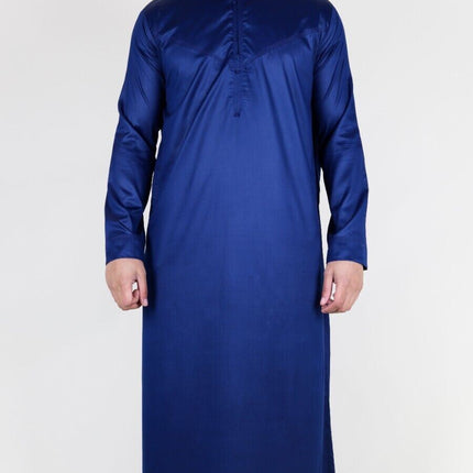 Men's Navy Blue Thobe Robe Satin Emirati Islamic Jubba Eid Slim Fit