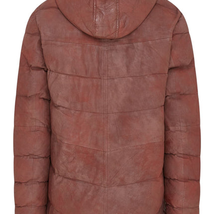 Men's Tan Brown Leather Quilted Jacket Hooded Puffer Winter Coat - Olyic