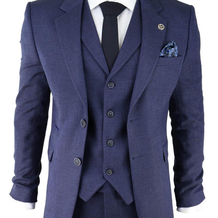 Mens Navy Blue 3 Piece Tweed Herringbone Suit Peaky Blinders Classic Tailored
