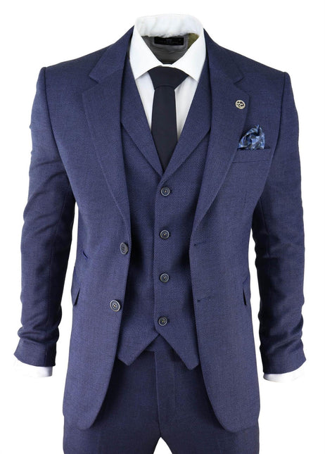 Mens Navy Blue 3 Piece Tweed Herringbone Suit Peaky Blinders Classic Tailored