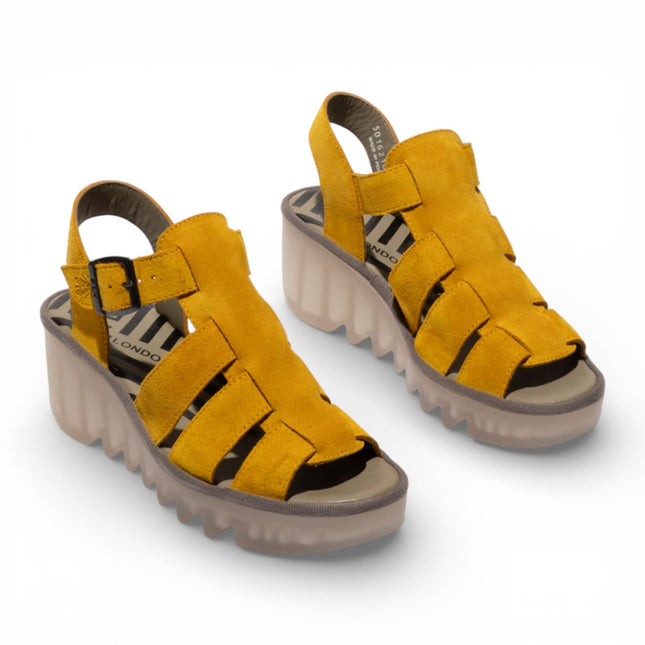 Fly London Women's BAIC621FLY Yellow Suede Leather Wedge Sandals