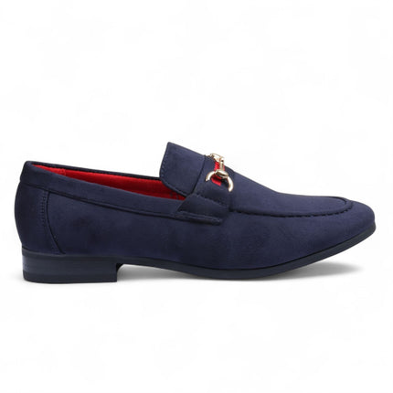 Men's Navy Suede Loafers with Gold Buckle Slip-On Dress Shoes