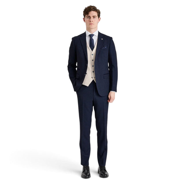 Men's Check Navy Blazer Cream Waistcoat Wedding 3 Piece Suit - Regent