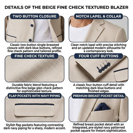 Men's Cream Checked Tailored Fit Blazer - Regent