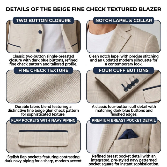 Men's Cream Checked Tailored Fit Blazer - Regent