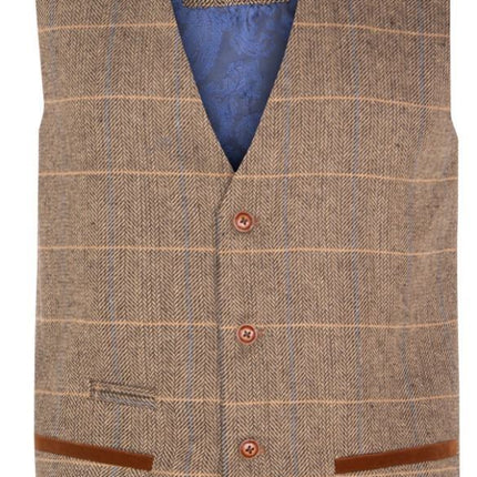 Marc Darcy Mens Tan Brown Tweed Waistcoat Peaky Blinders Check Wool Herringbone