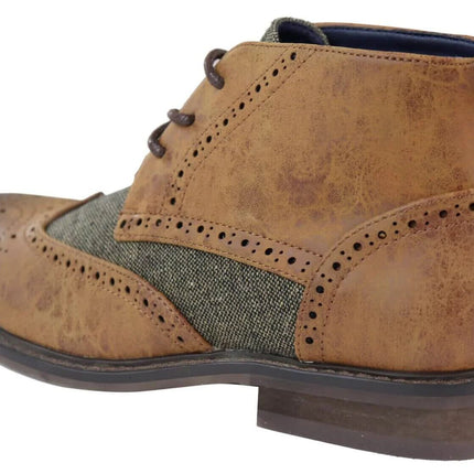 Mens Classic Tweed Oxford Brogue Ankle Boots In Tan Leather