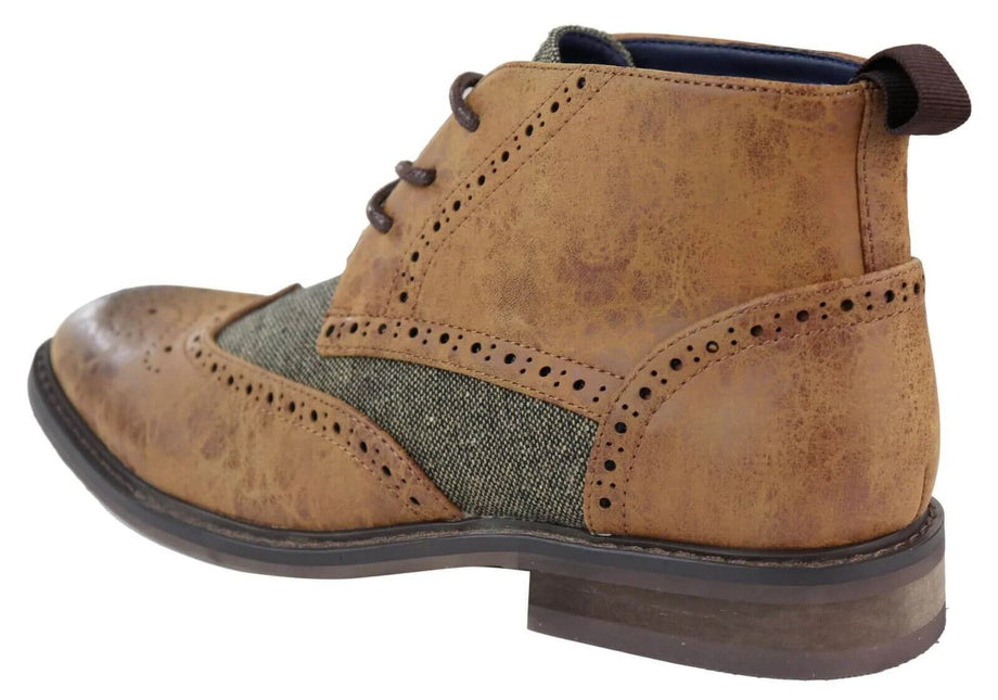 Mens Classic Tweed Oxford Brogue Ankle Boots In Tan Leather