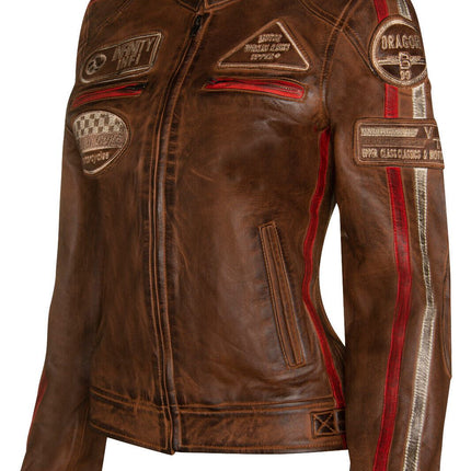 Womens Biker Racing Badges Leather Jacket-Eastleigh