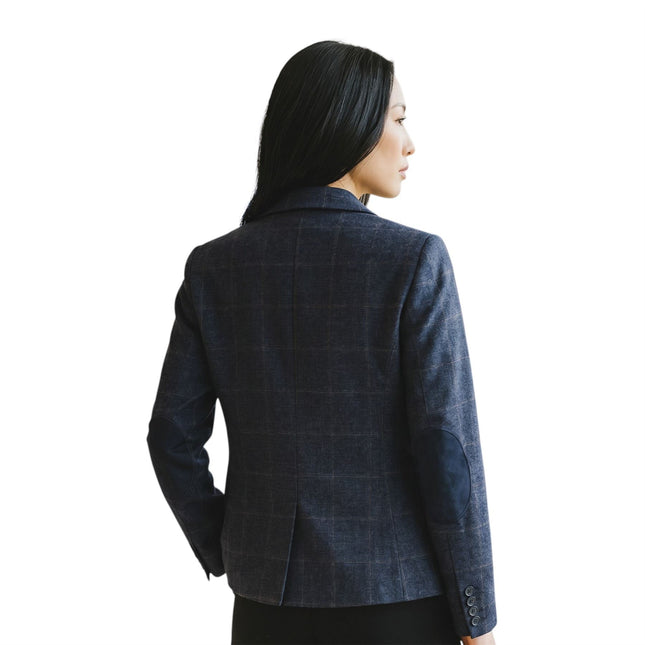 Women's Navy Tailored Check Tweed Blazer Formal Jacket - TPSTZ-7