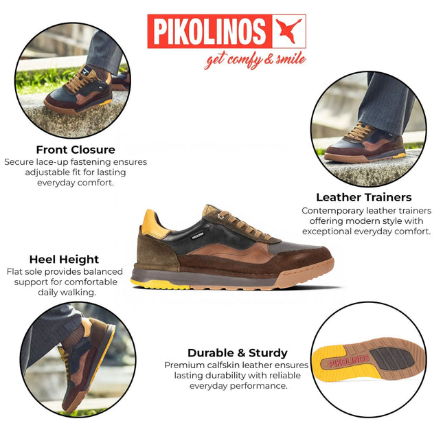 Pikolinos Men's Black Leather Trainers Sneaker Lace-Up Shoes - Teide
