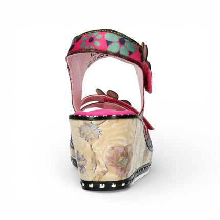 Laura Vita Women's Ballon 08 Fuschia Pink Floral Leather Wedge Espadrille Sandals