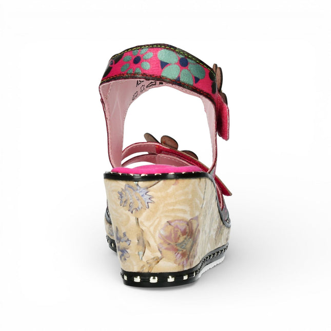 Laura Vita Women's Ballon 08 Fuschia Pink Floral Leather Wedge Espadrille Sandals