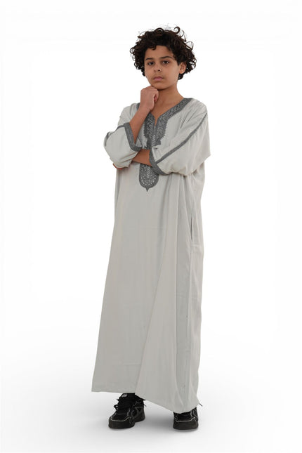 Kids Boys Grey Moroccan Thobe Robe Eid Djellaba Gandoura Jubba- K-HM65