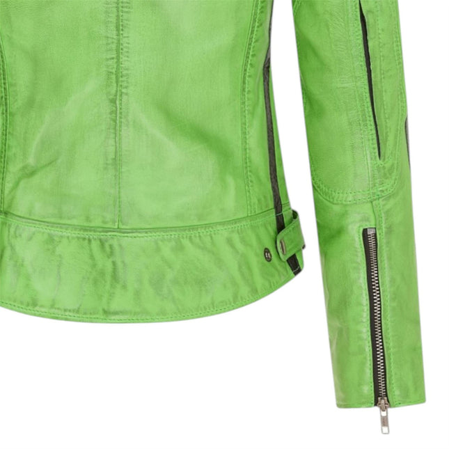 Womens Biker Racing Badges Green Leather Jacket-Eastleigh