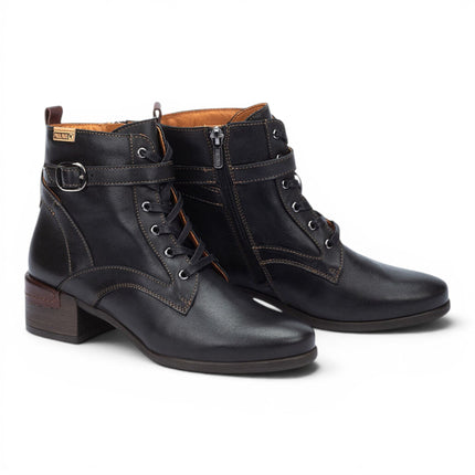 Pikolinos Women's Black Leather Lace-Up Mid-Heel Ankle Boots - Malaga