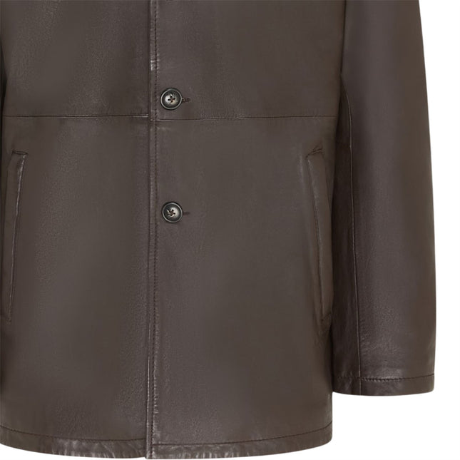 Men's Brown Leather Long Collared Car Coat Jacket - Berry