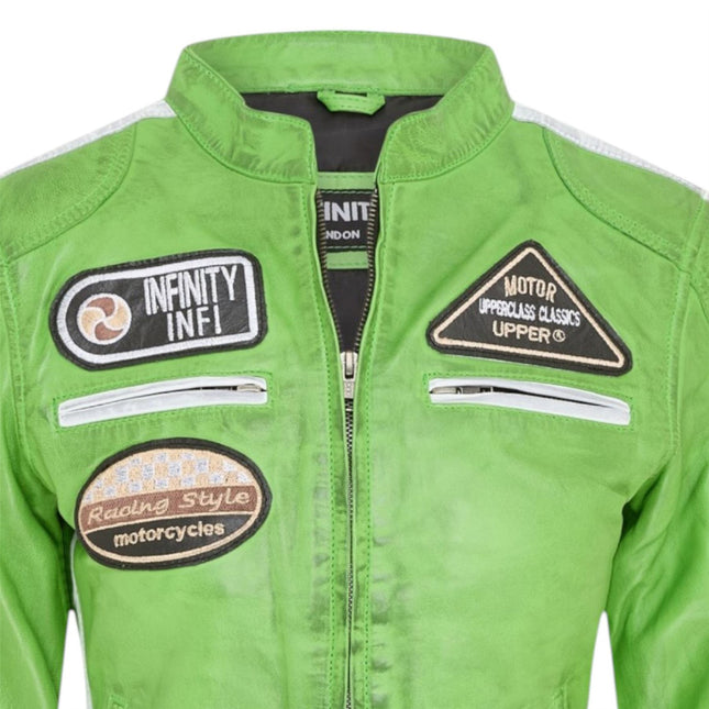 Womens Biker Racing Badges Green Leather Jacket-Eastleigh