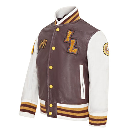 Kids Burgundy Letterman Leather Varsity College Bomber Jacket