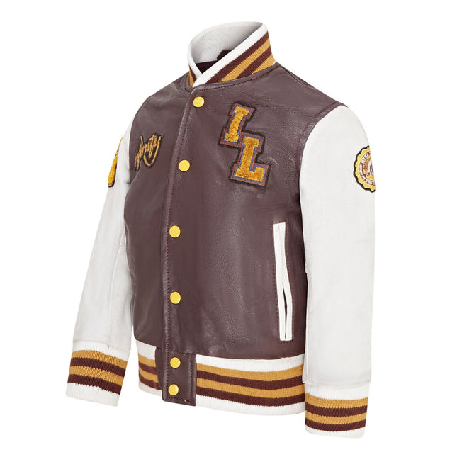 Kids Burgundy Letterman Leather Varsity College Bomber Jacket