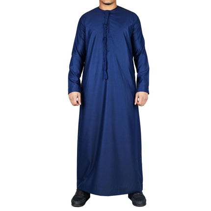 Men's Navy Blue Thobe Emirati Islamic Jubba Robe Eid Tassel Slim Fit