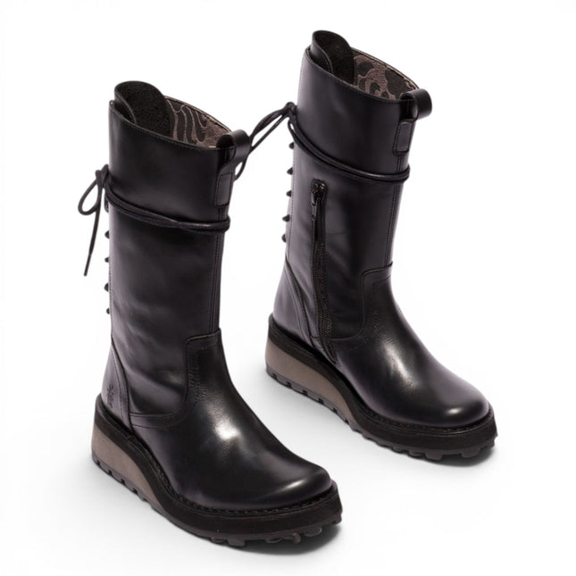 Fly London Women’s Black Leather Mid-Calf Long Boots - HEIG229