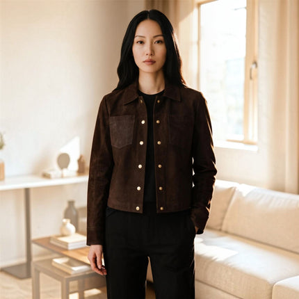 Womens Brown Leather Shacket Collar Jacket - Lofar