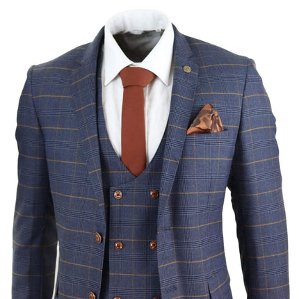 Mens 3 Piece Navy Blue Retro Check Vintage Classic Suit