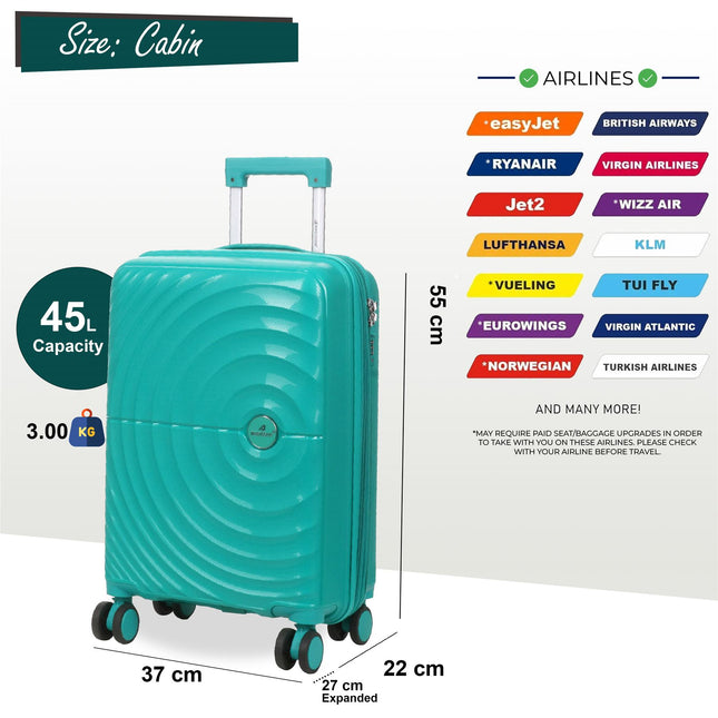 Hard Shell Cabin 55 x 37 x 22 cm PP Suitcase Luggage Suitable for Easyjet, Ryanair