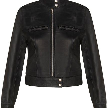Womens Plain Leather Moto Biker Jacket-Braga