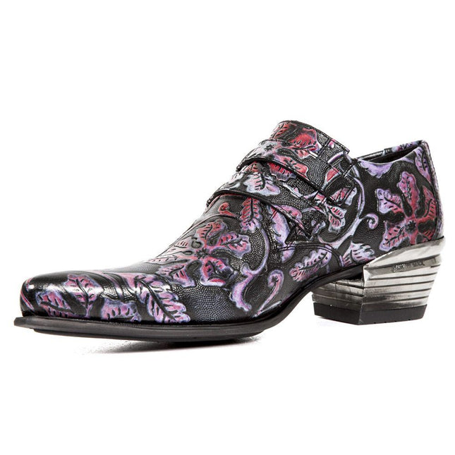 New Rock Vintage Red Floral Leather Buckle Shoes - 7960-S6