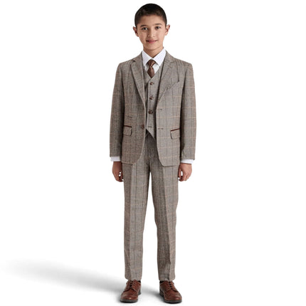 Boys Brown Tailored Fit Tweed 3 Piece Formal Suit - Harris