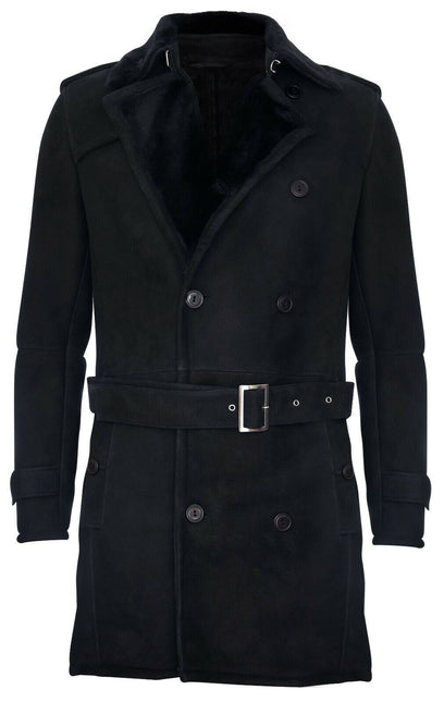 Mens Shearling Sheepskin Suede Pea Coat-Cali