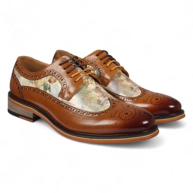 Justin Reess Men's Brown Leather Iconic Print Brogue Dress Shoes - Scott