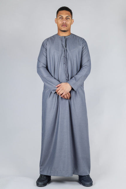 Men's Grey Thobe Emirati Islamic Jubba Robe Eid Tassel Slim Fit