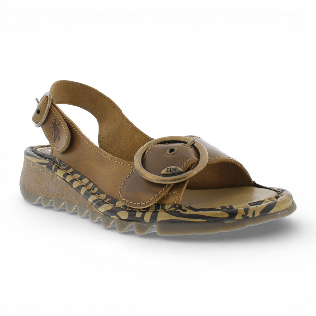 Fly London Women's TRAM723FLY Camel Brown Leather Wedge Sandals