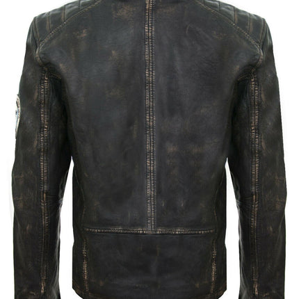 Mens Badged Vintage Black Leather Bomber Jacket-Tunis