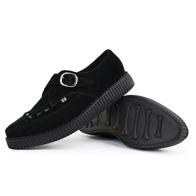 TUK Pointed Creeper Black Suede Monk Buckle Platform Shoes - A8139
