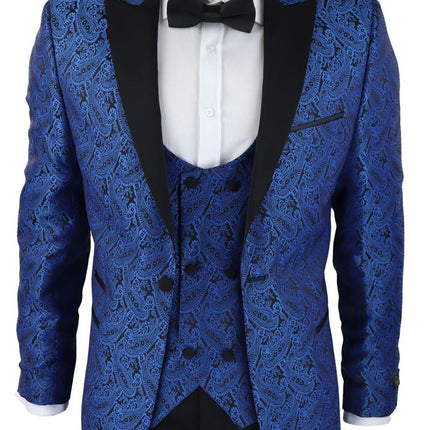 Mens Blue Tuxedo Blazer Waistcoat Brocade Black Satin Paisley Dinner Jacket