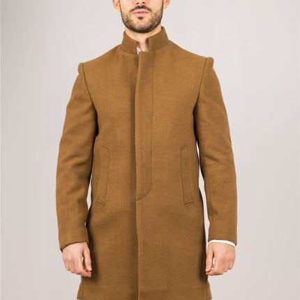 Men's Tan Stand Collar Wool Blend Overcoat
