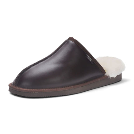 Men's Brown Genuine Lamb Leather Slippers Real Fur Mule Winter Slippers - Highland