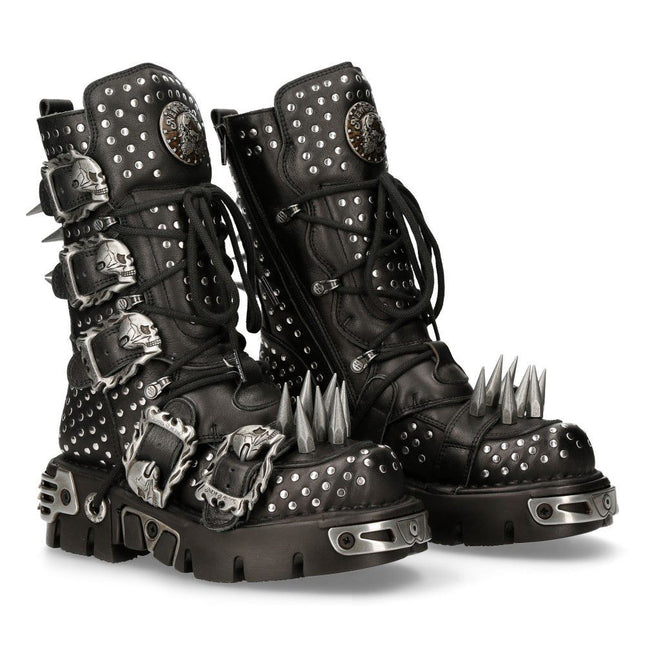 New Rock Black Leather Studded Gothic Boots - 1535-S1