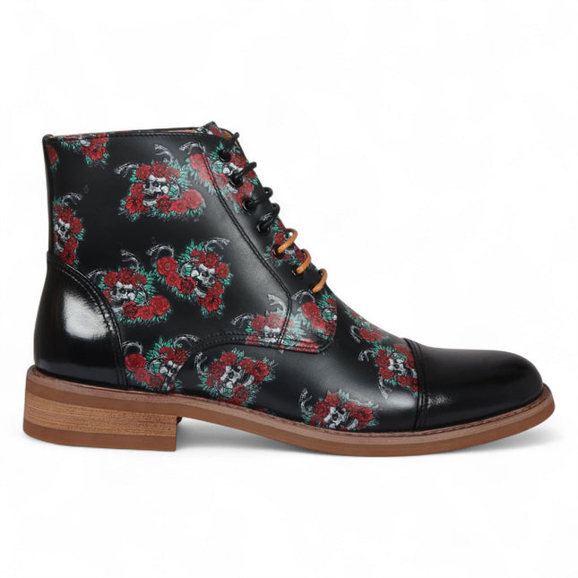 Justin Reess Men's Black Floral Skull Print Leather Oxford Ankle Boots - Adam Skull